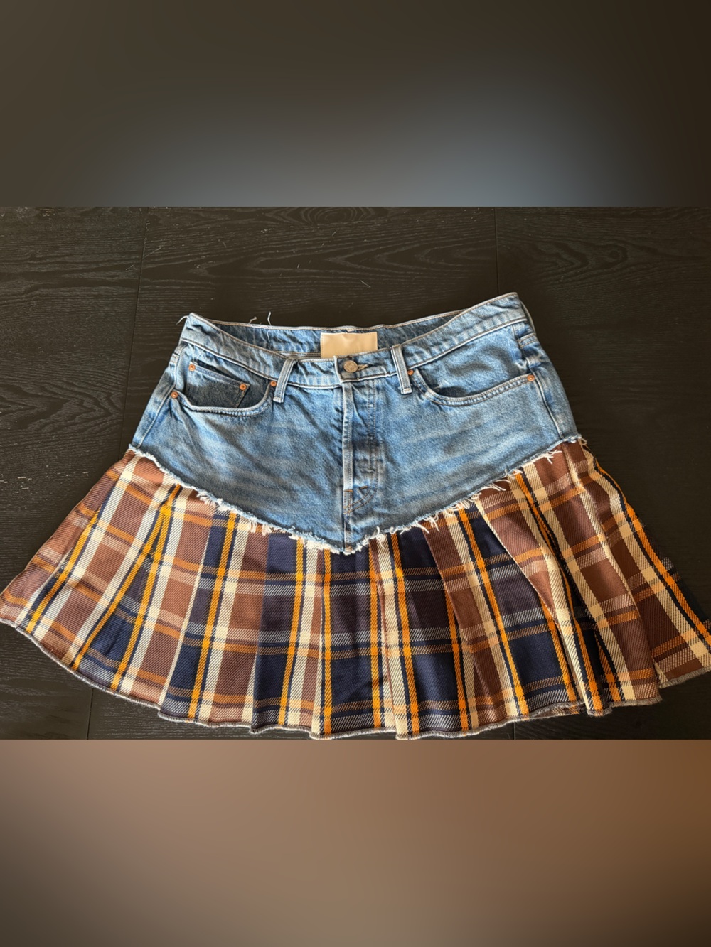 MOTHER The Fluff and Fold Mini Skirt - Blue, Brown, Navy, Yellow Plaid/Denim